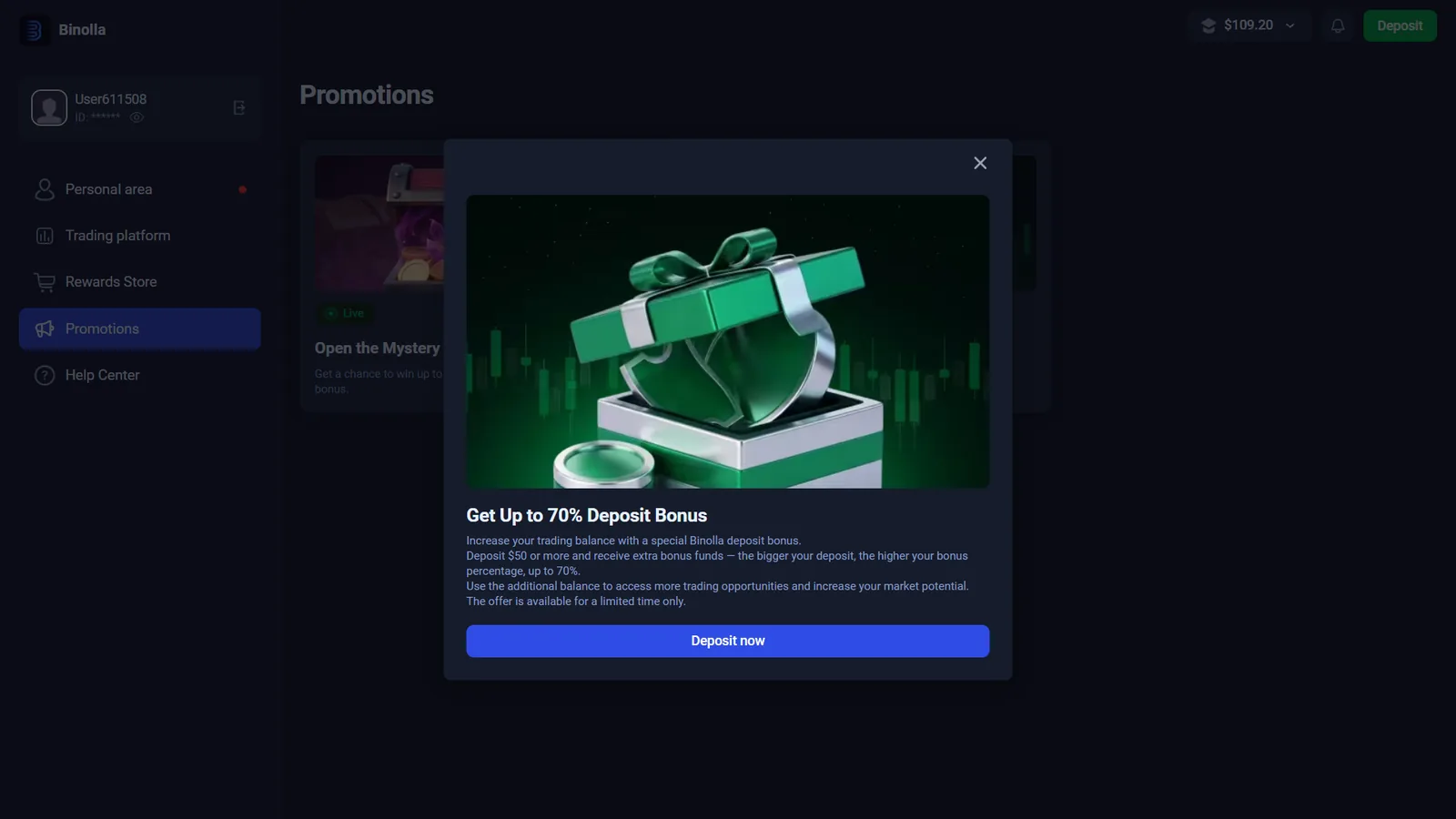 Binolla promotions screen showing deposit bonus promotion in the checked account