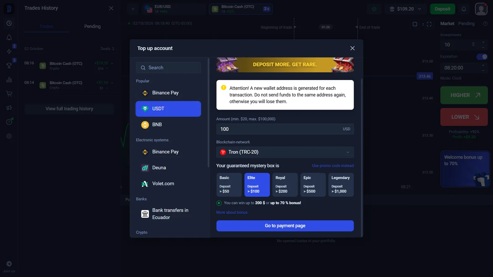 Binolla top up account window showing USDT payment route minimum amount and Tron TRC20 network