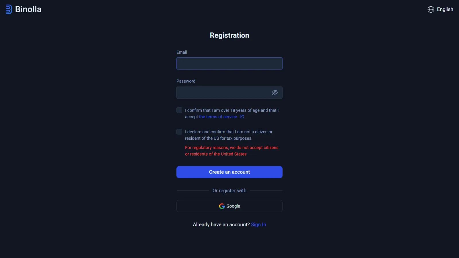 Binolla registration form with email password age confirmation US restriction Google registration and Sign In link