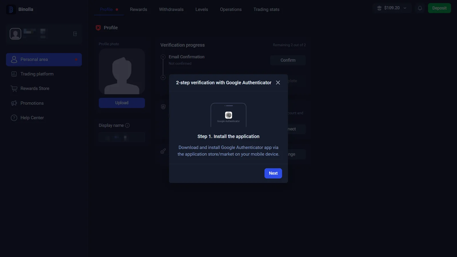 Binolla profile verification progress with email identity verification and Google Authenticator two step verification