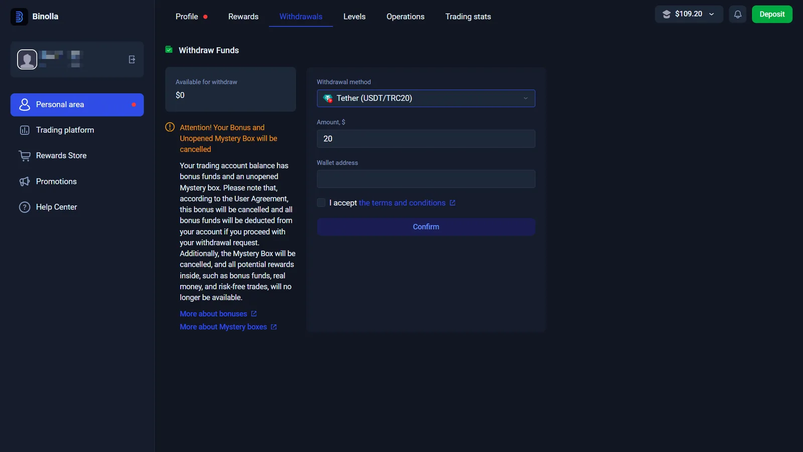 Binolla withdrawal form showing Tether USDT TRC20 amount wallet address and account withdrawal controls