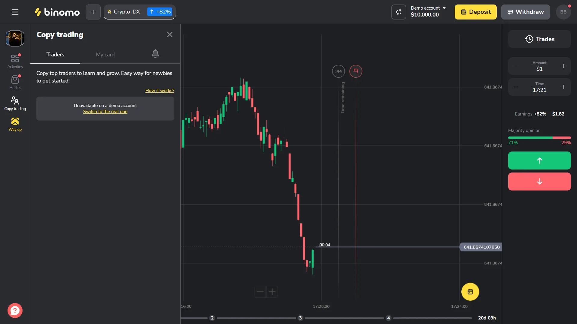 Binomo Copy Trading screen showing unavailable on a demo account