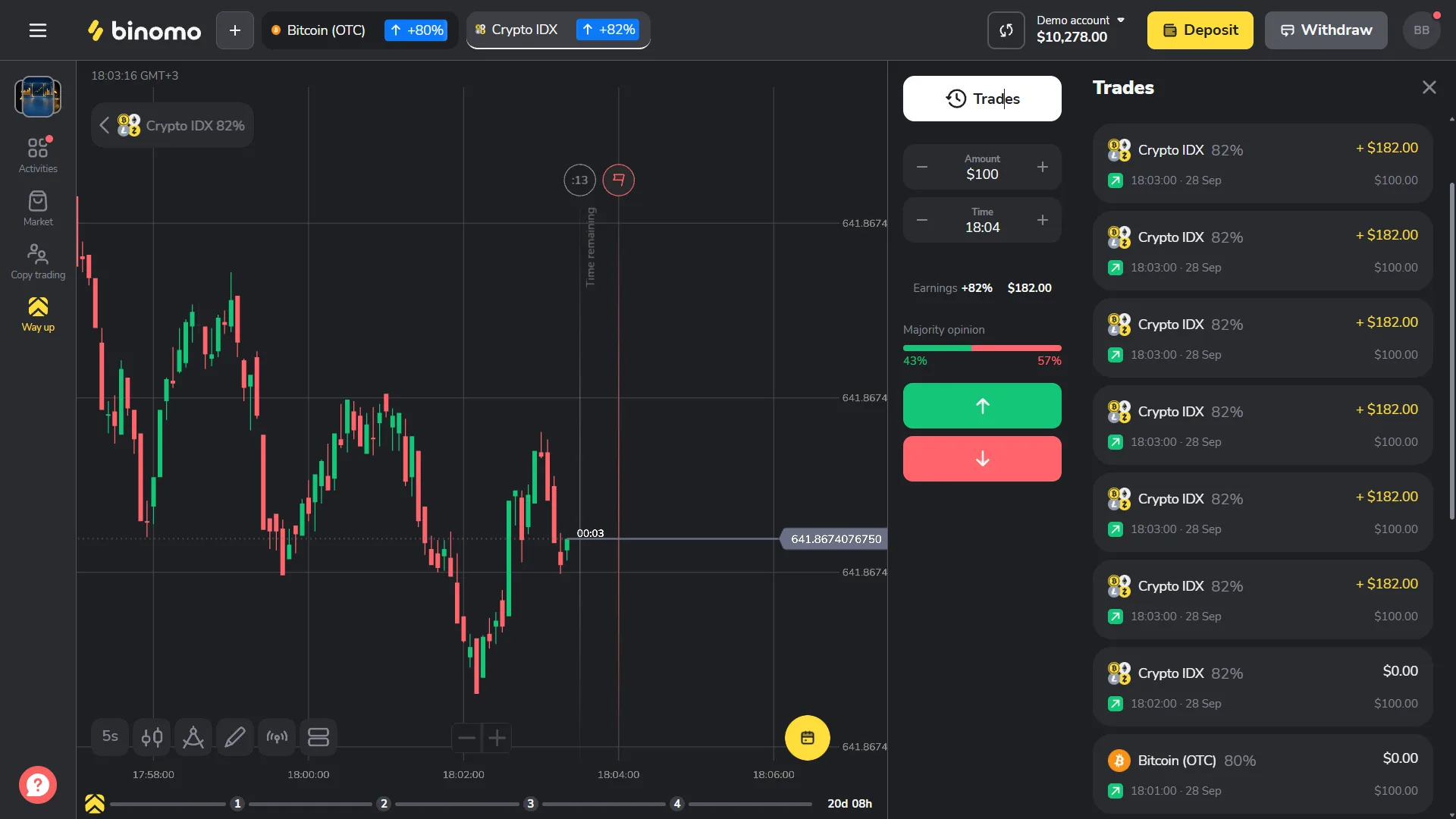 Binomo demo trade history showing completed Crypto IDX orders