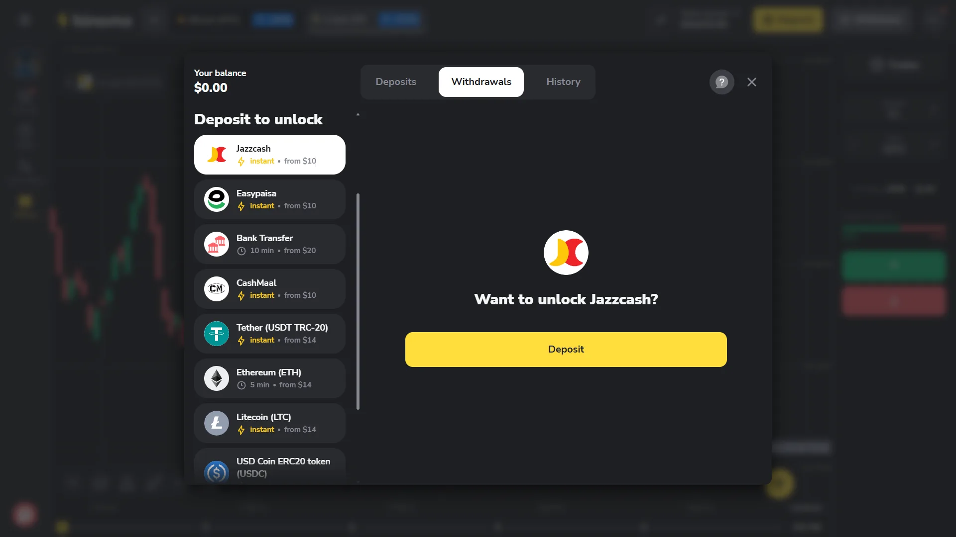 Binomo Pakistan withdrawal screen with JazzCash Easypaisa bank transfer CashMaal and deposit to unlock message