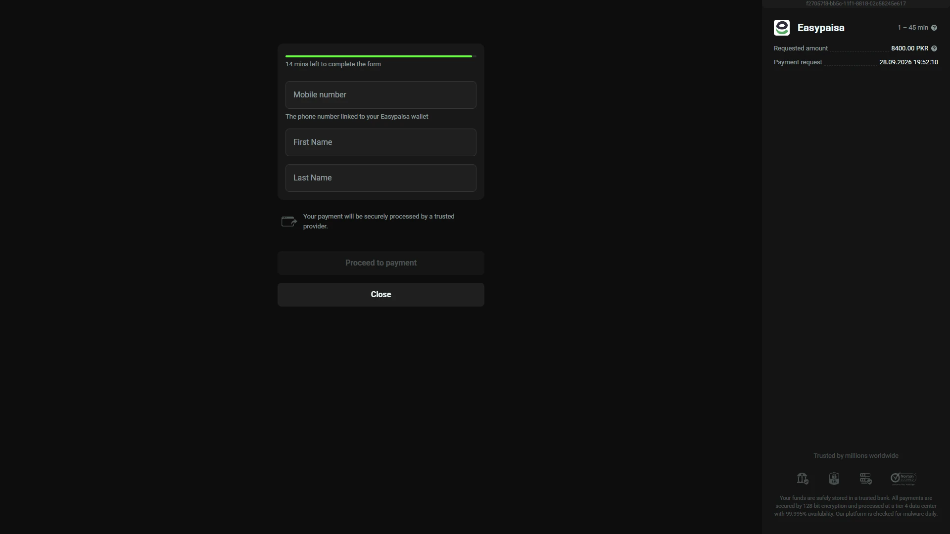 Olymp Trade Easypaisa deposit form showing a PKR funding route in the Pakistan account
