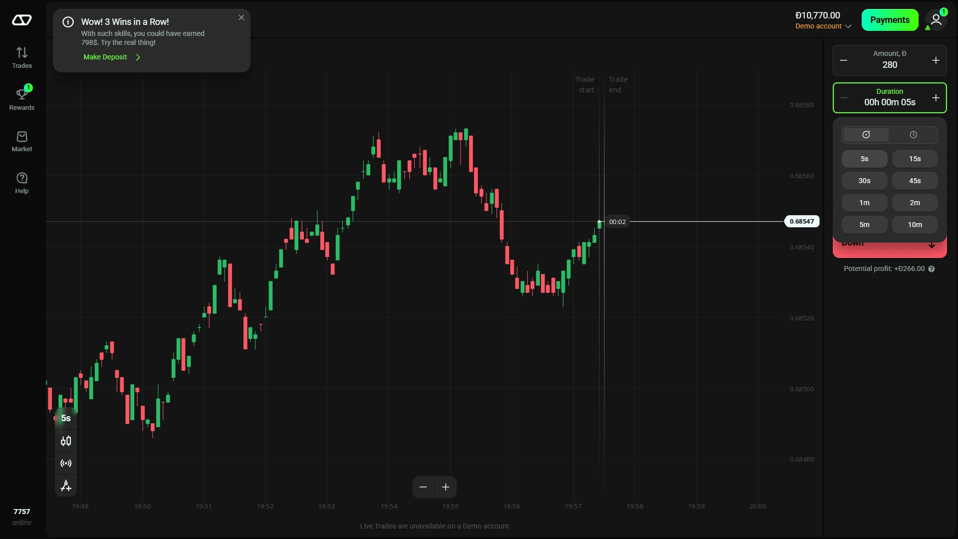 Olymp Trade Fixed Time demo ticket showing a five second duration