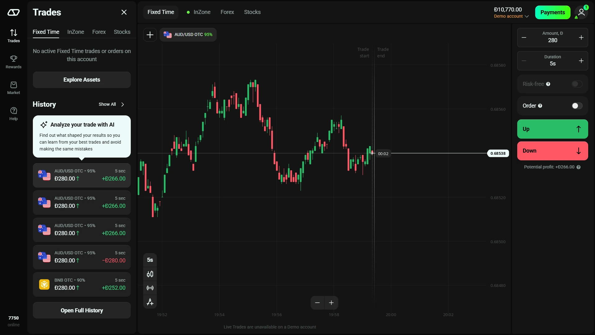 Olymp Trade Fixed Time demo history with completed winning and losing trades