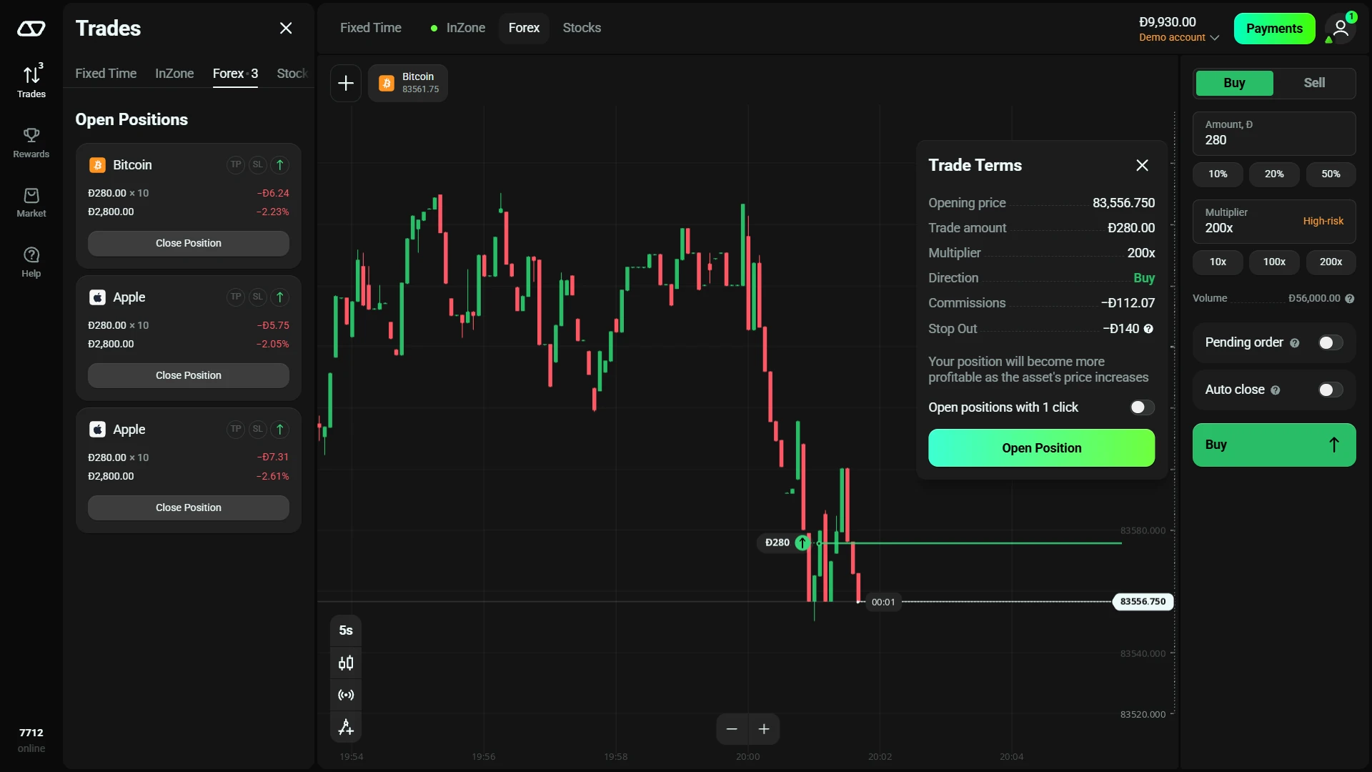 Olymp Trade Forex open positions and trade terms with commission and stop out fields