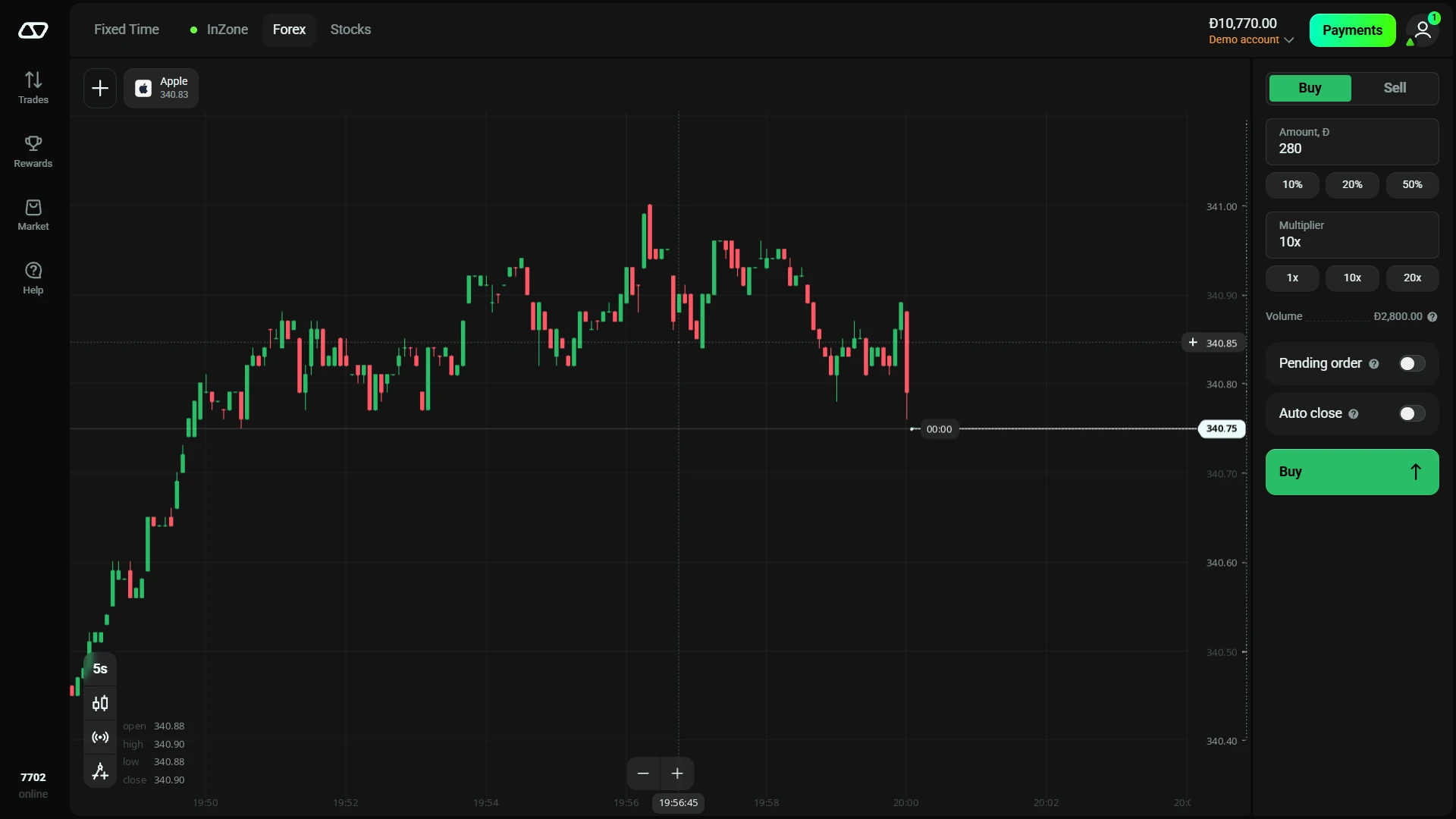 Olymp Trade Forex demo ticket with multiplier volume pending order and auto close controls