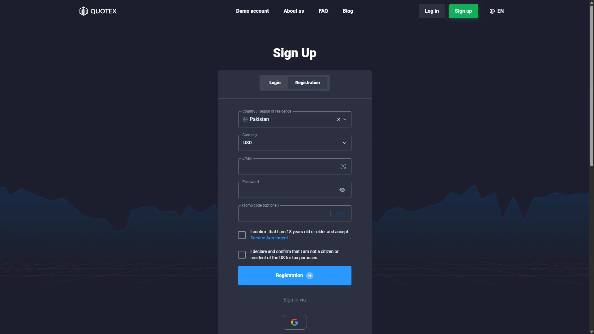 Quotex registration screen with Pakistan selected and USD shown as the currency