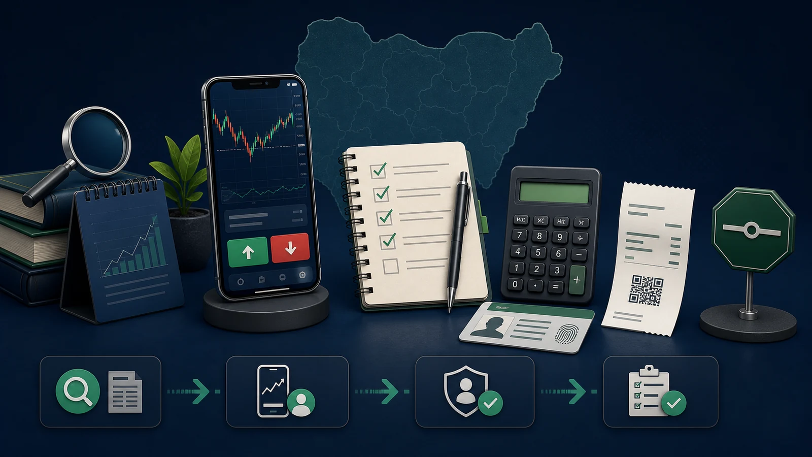 Nigeria binary options beginner workflow with research, demo, identity, payment and stop checks