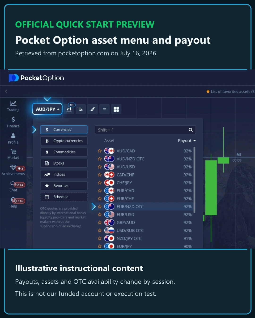Official Pocket Option asset menu and payout preview in a dark evidence frame