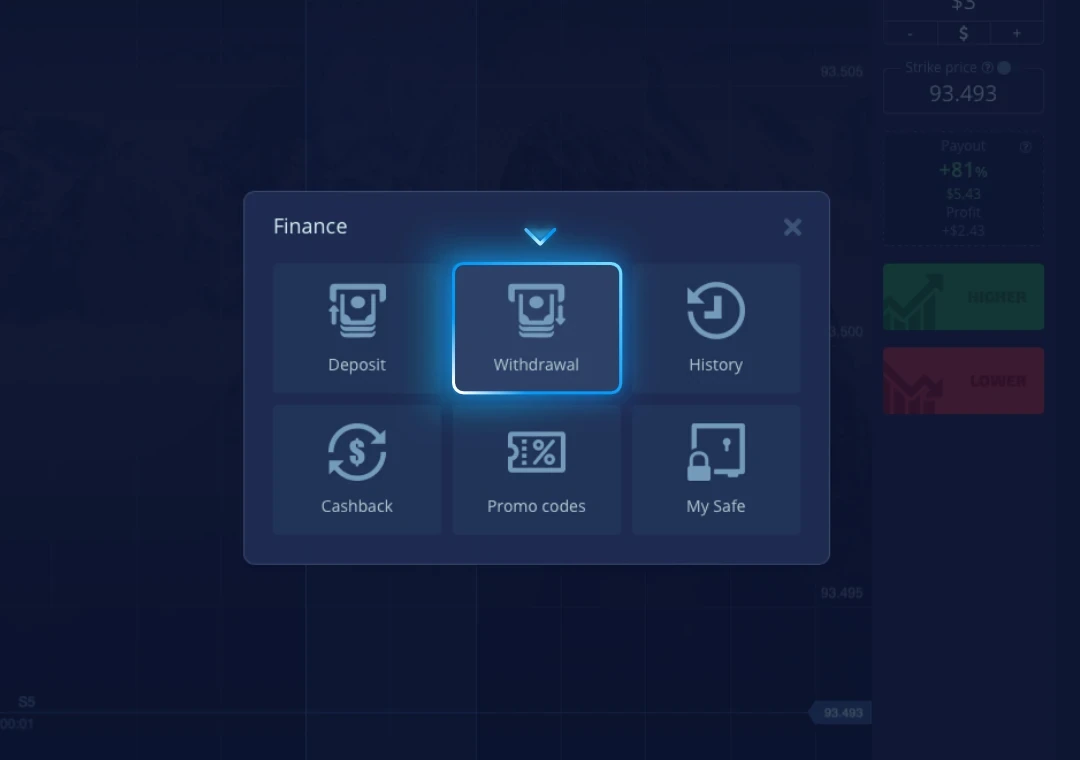 Official Pocket Option Quick Start finance menu showing the withdrawal control