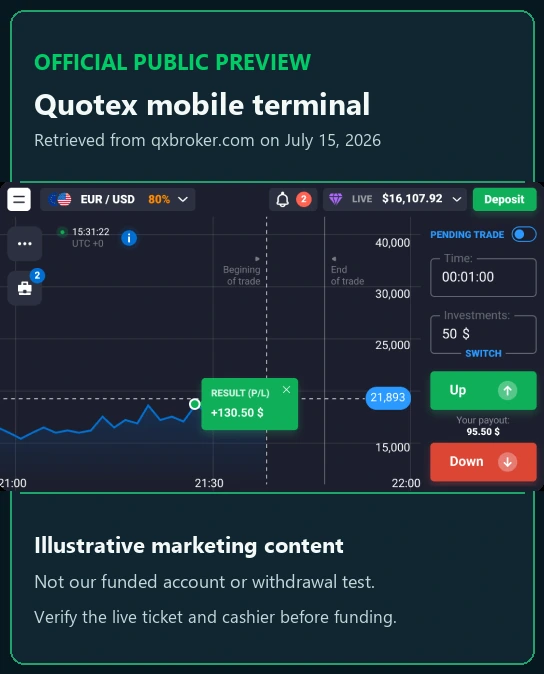 Official public Quotex mobile platform preview with payout and direction controls