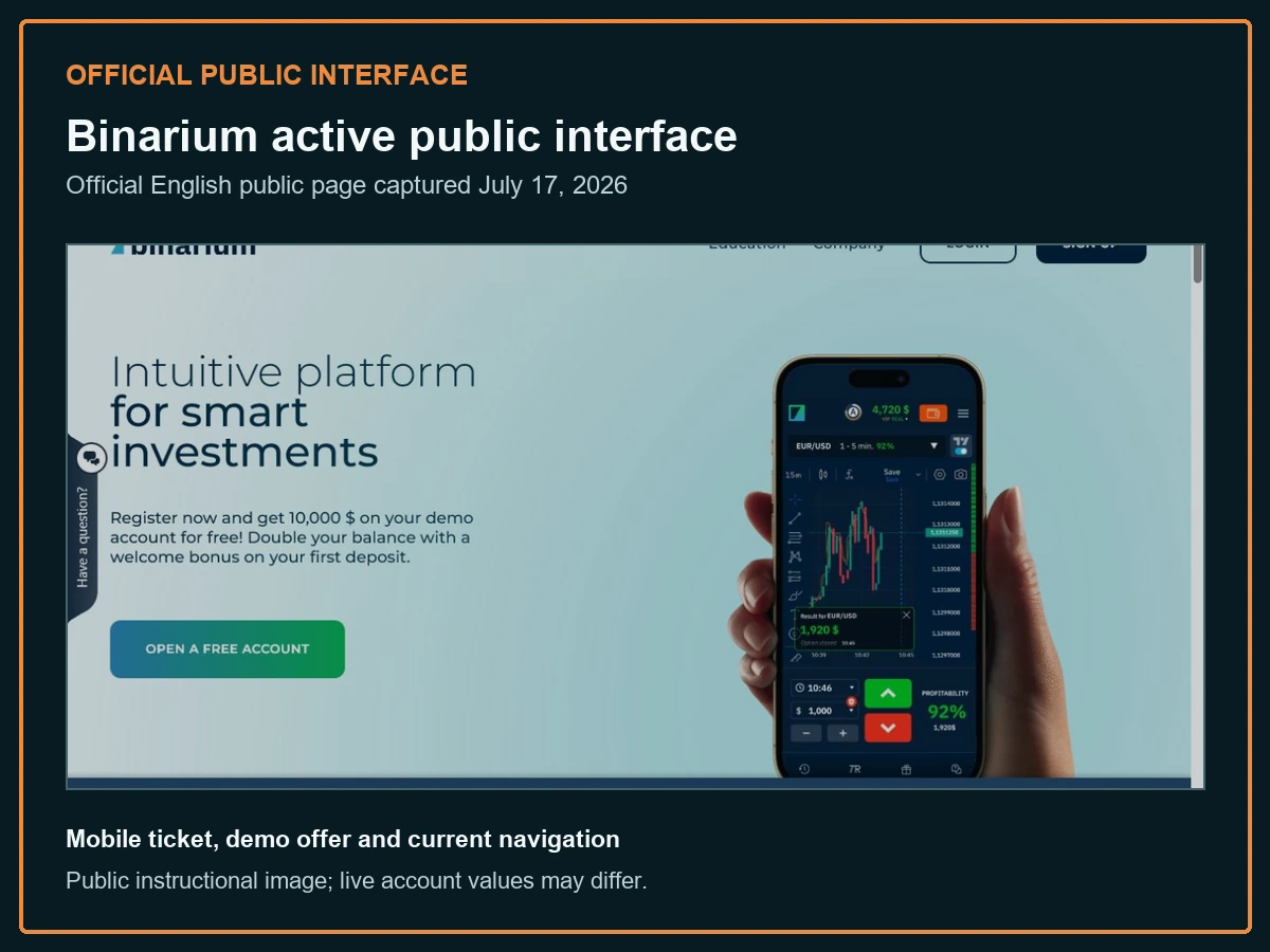 Official Binarium public mobile trading interface in 2026