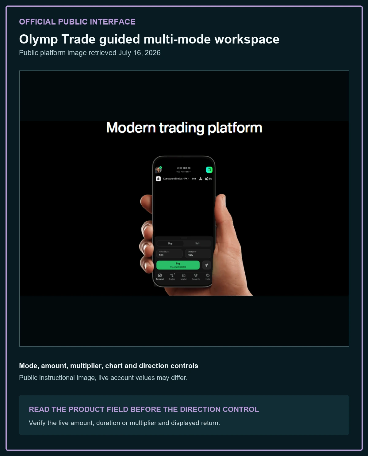 Official Olymptrade public guided trading interface with amount, multiplier and direction controls