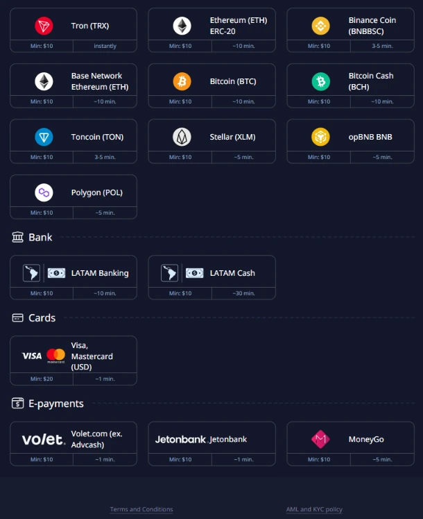 Pocket Option bank card and e-payment deposit methods showing LATAM Banking Visa Mastercard Volet Jetonbank and minimums