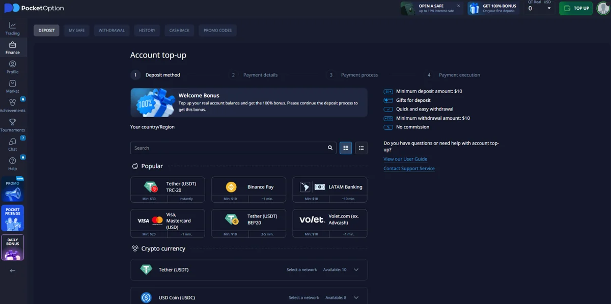 Pocket Option deposit cashier showing $10 account minimum, Visa Mastercard $20, USDT TRC20 $30 and other payment methods