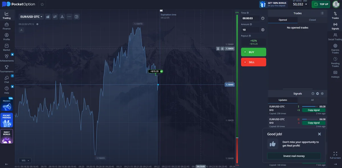 Pocket Option demo trading platform test showing EUR/USD OTC, payout, amount and Buy Sell controls