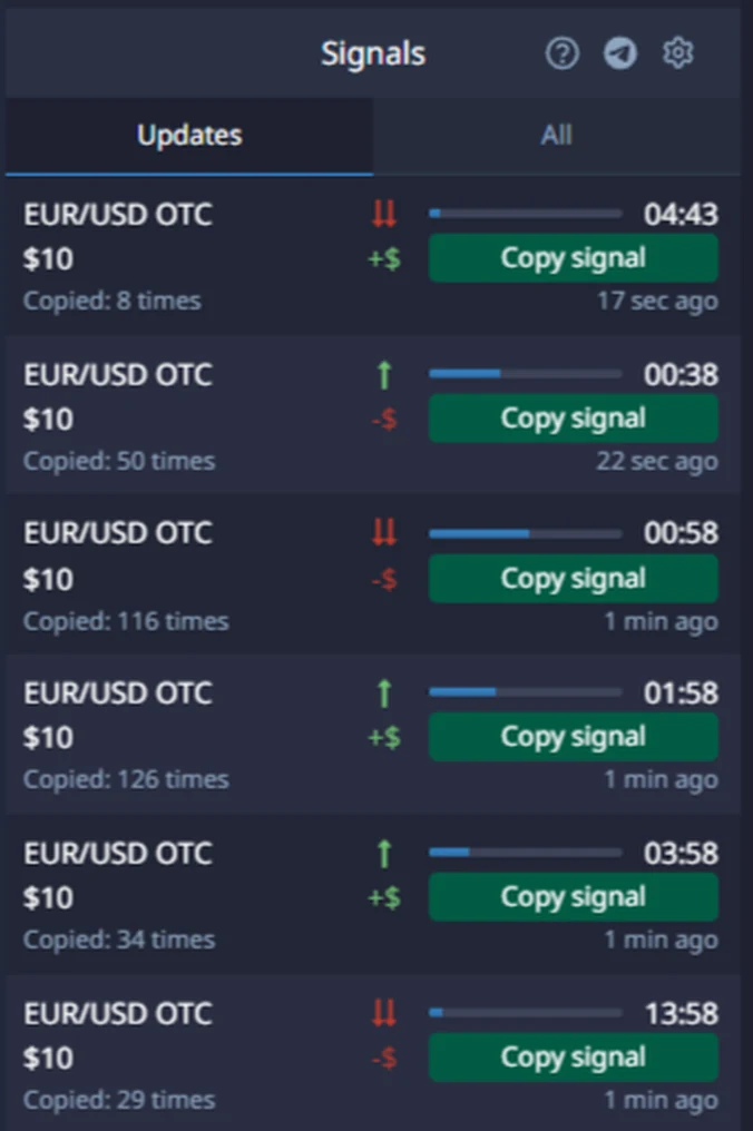 Pocket Option Signals panel with EUR USD OTC signals and Copy signal buttons