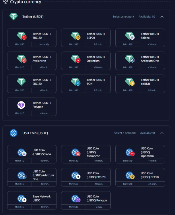 Pocket Option USDT and USDC deposit networks with TRC20 BEP20 ERC20 Solana Avalanche and minimum amounts