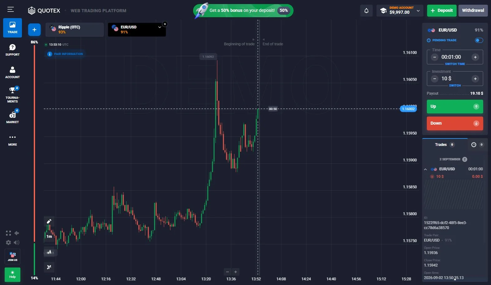 Completed Quotex demo trade shown in trade history