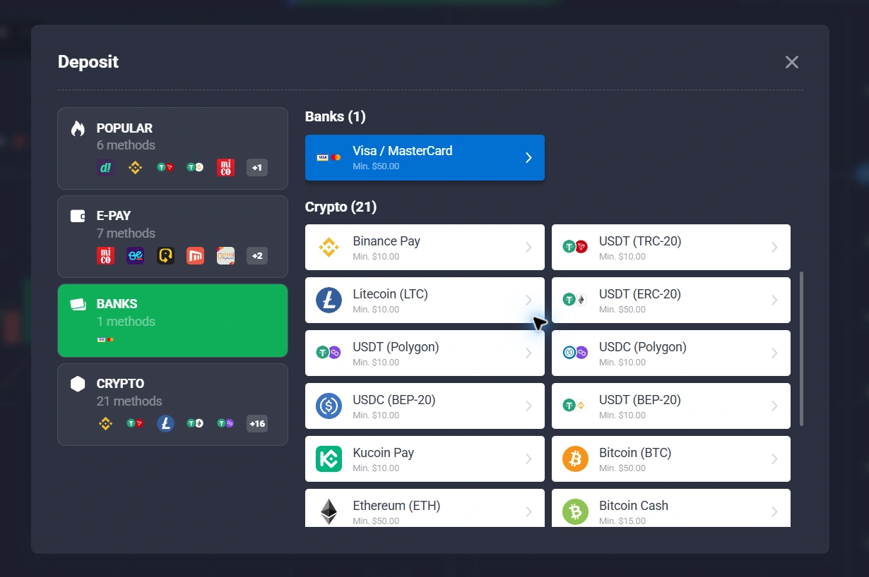 Logged-in Quotex cashier showing Banks with Visa and MasterCard and a 50 dollar minimum