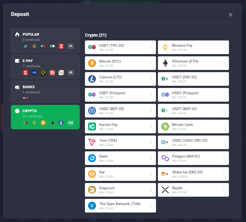 Quotex Crypto cashier view before refresh with crypto deposit minimums