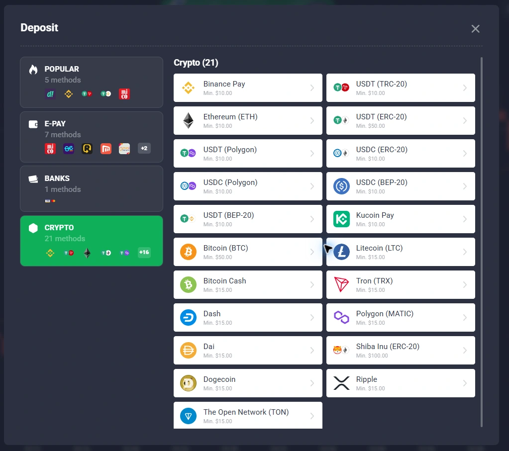 Quotex Crypto cashier view after refresh showing different crypto minimums