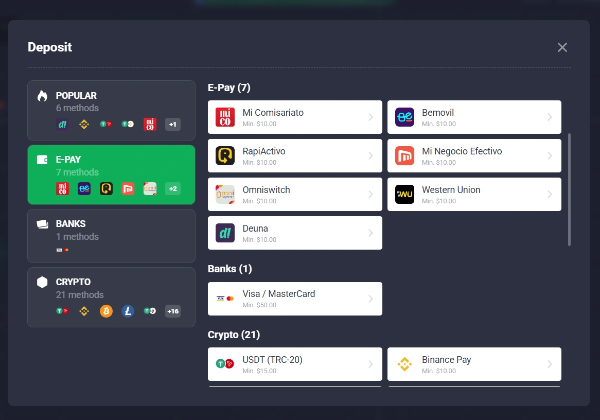 Logged-in Quotex E-Pay cashier showing seven payment methods with 10 dollar minimums