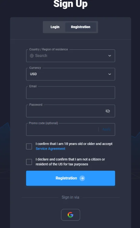 Quotex registration screen during our account check
